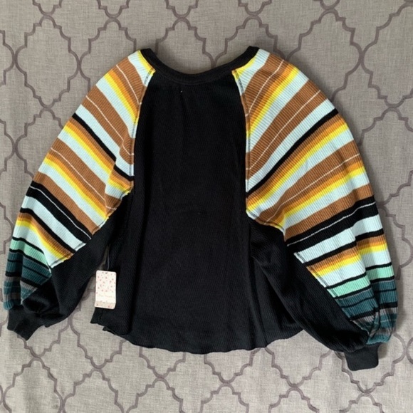 🌈NWT🌈 FP Black Rainbow Stripe Balloon Sleeve Top - Picture 11 of 15